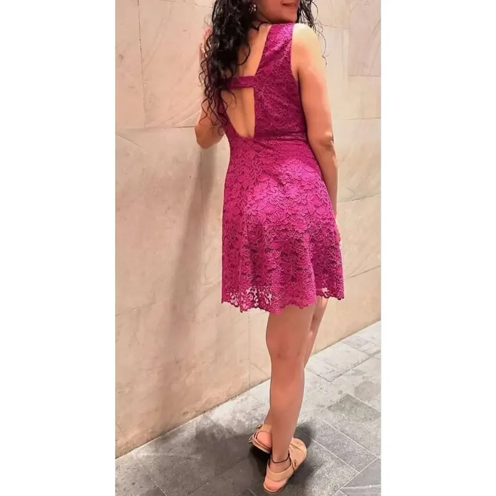 Zara Dark Fuchsia Pink Floral Lace Mini A-Line Dress with Bow Size Medium